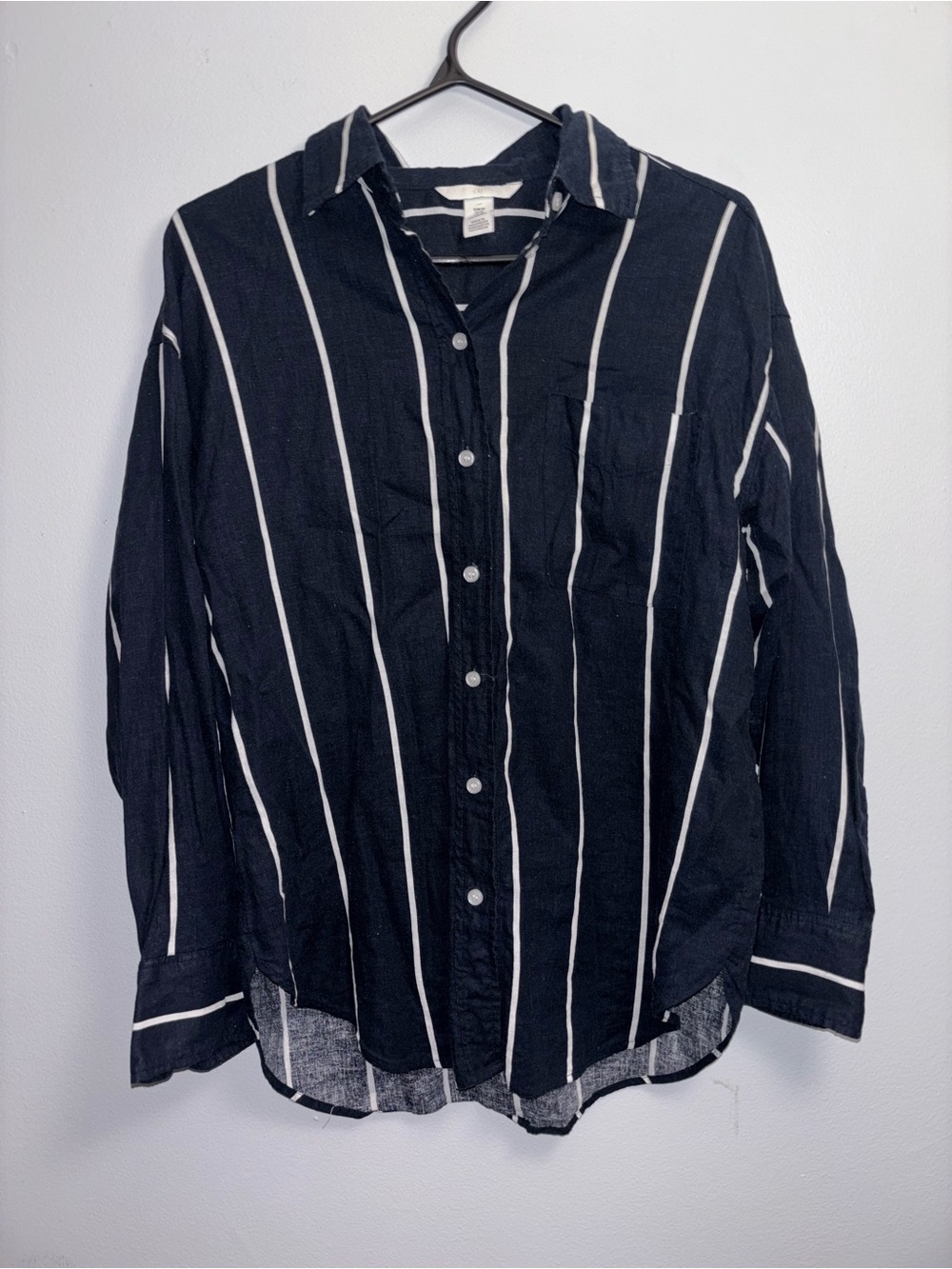 H&M Black Long-Sleeve Button-Up Shirt with White Stripes